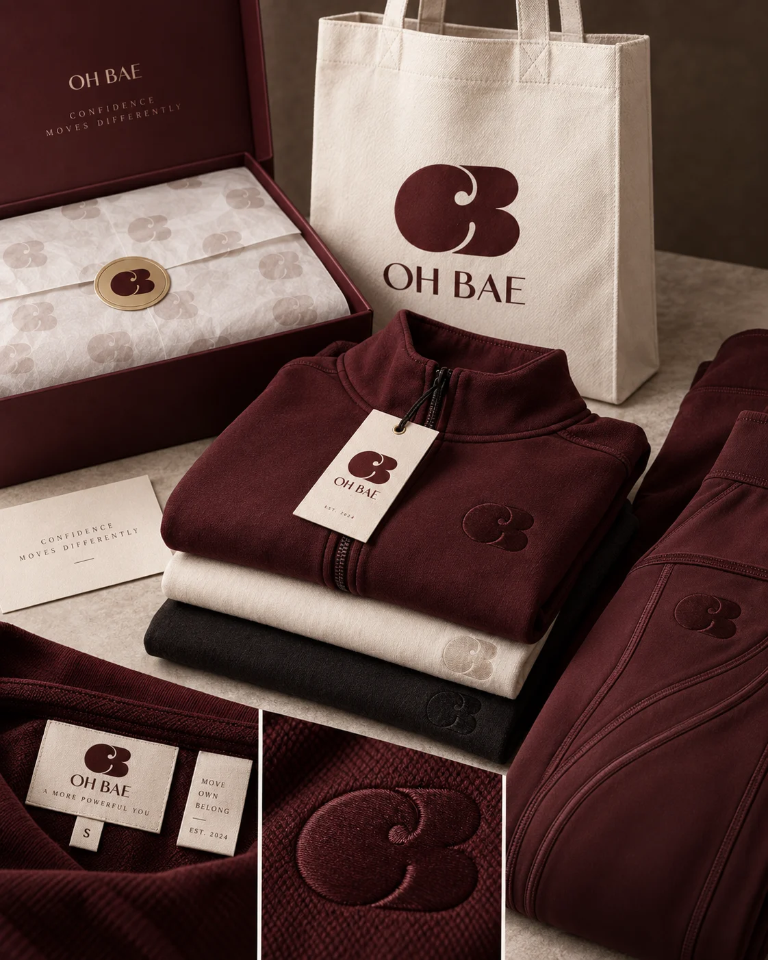 Vêtements, emballages et identité ton sur ton OH BAE