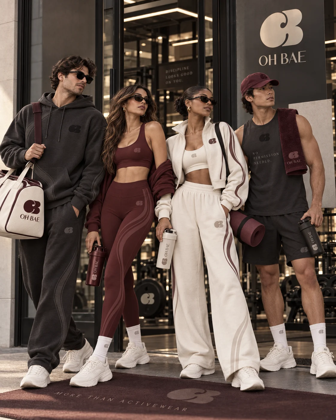 Hommes et femmes en OH BAE devant une salle de sport